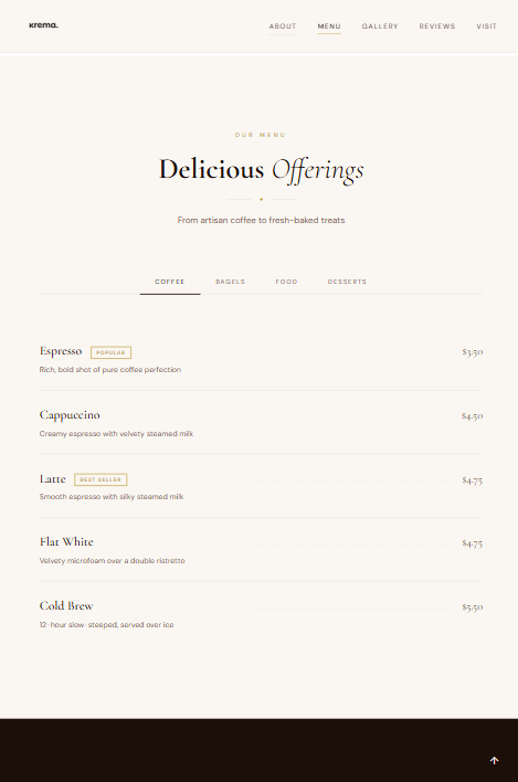 Krema Cafe screenshot 3 — web design by Novu Studios Lebanon